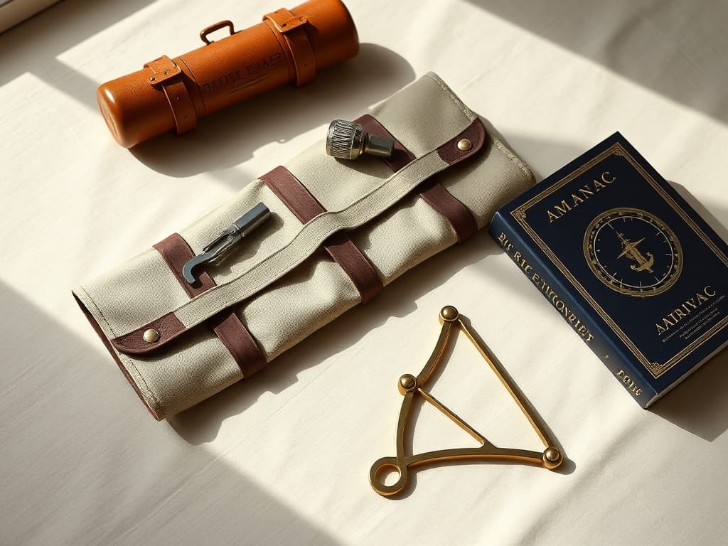Curated boating essentials arranged on natural linen — premium editorial still life